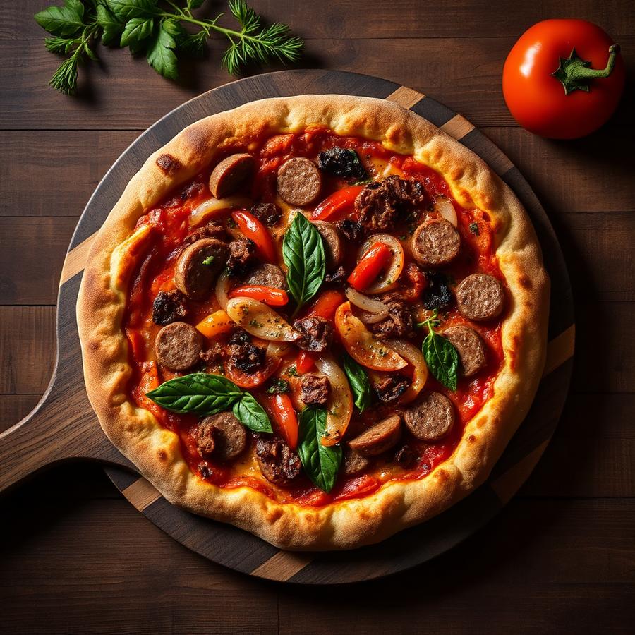 A finished Roman pizza on a wooden board